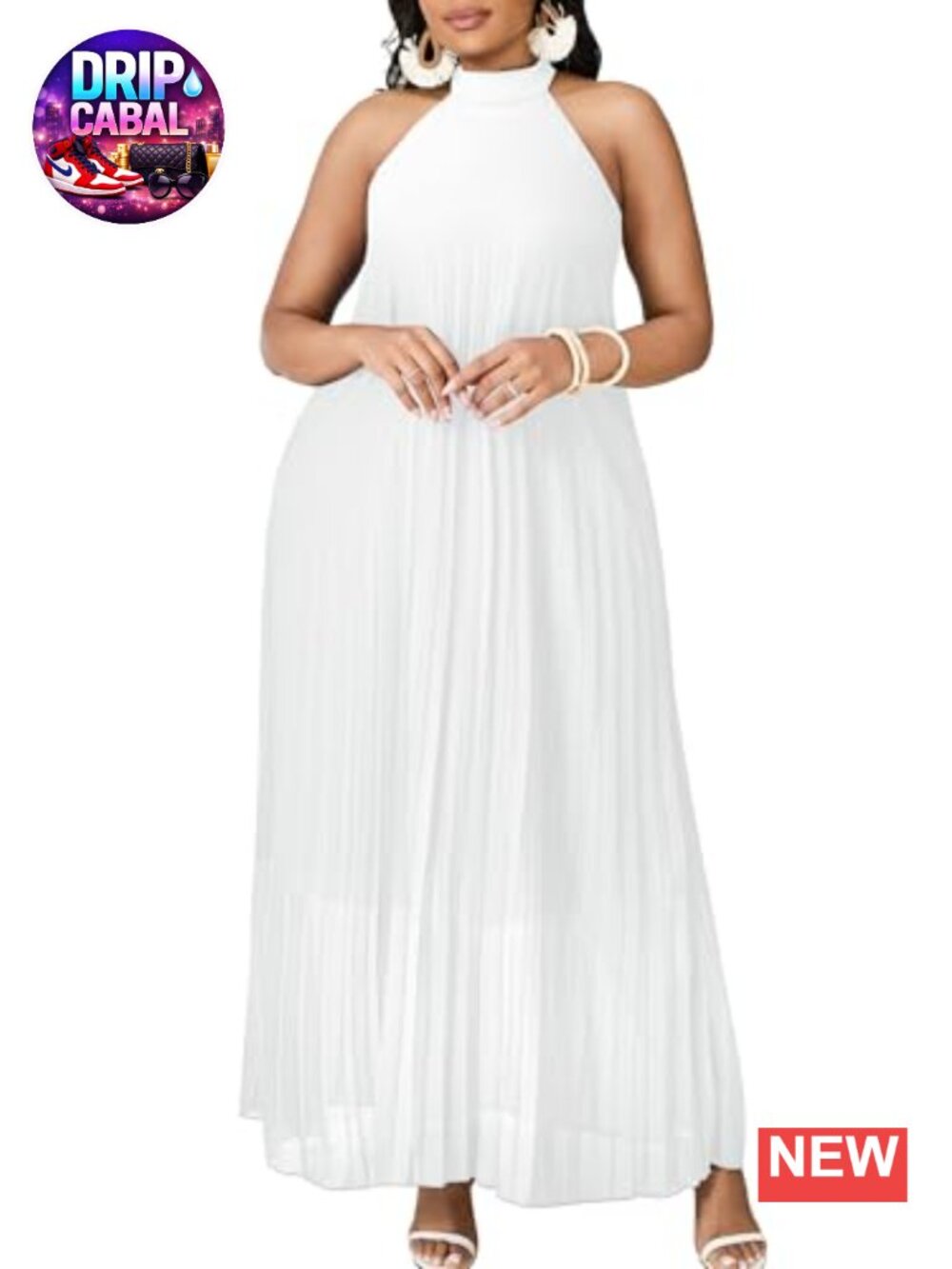 Plus Size Chiffon Sleeveless Halter Neck Maxi Dress with Pockets